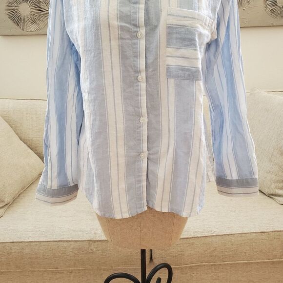 Socialite Striped Cotton Button Down Shirt size Large in Blue - Picture 6 of 14